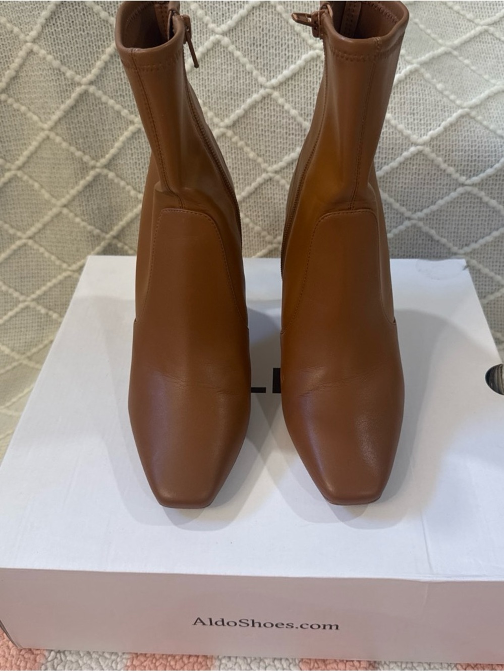 Aldo Cognac Leather Square-Toe Ankle Booties